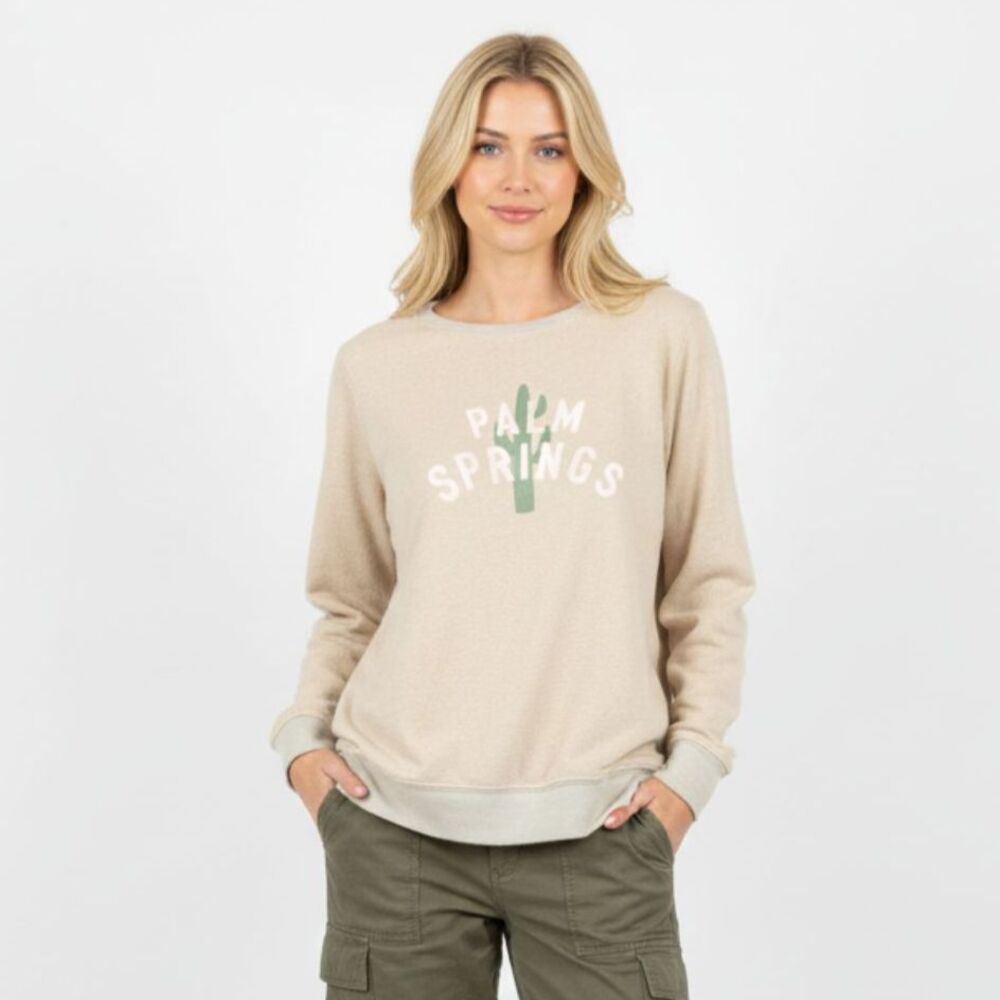 Wildfox Tan Palm Springs Cactus Graphic Print Long Sleeve Sweatshirt M